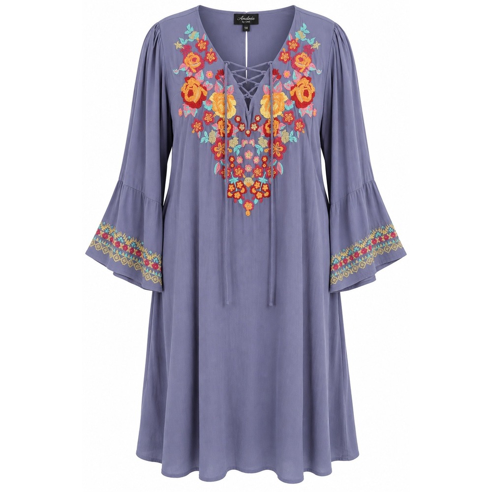 NEW Andree by Unit Plus Floral Embroidered Lace Up Tunic Dress Periwinkle XL 1X